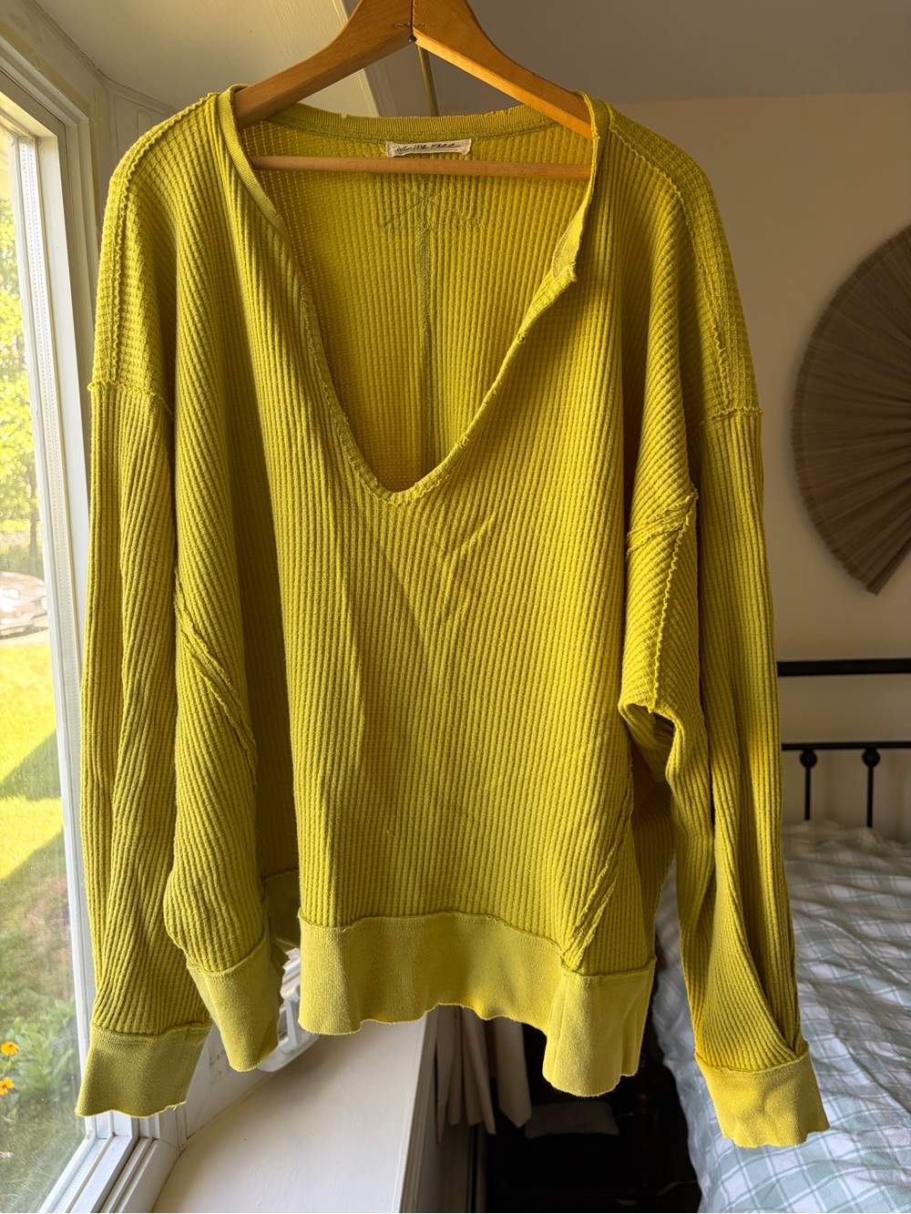 We The Free Chartreuse V-Neck Waffle Knit Top